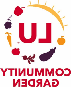 LU社区花园标志-红色文字与蔬菜图标环绕LU 